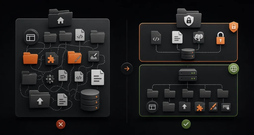 Traditional WordPress versus Bedrock architecture comparison