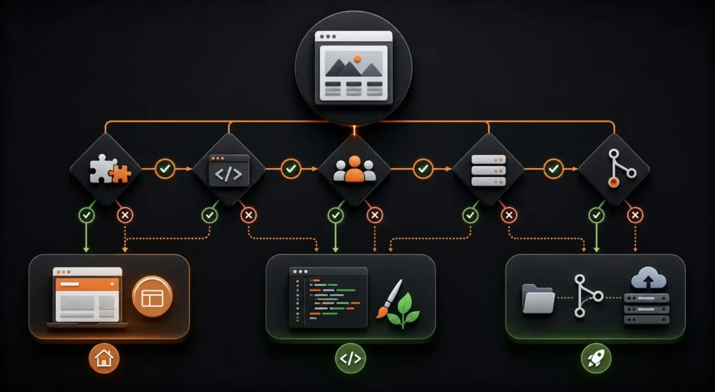 Decision flowchart for choosing traditional WordPress Sage or Bedrock and Sage
