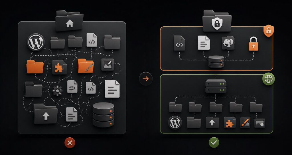 Traditional WordPress versus Bedrock architecture comparison